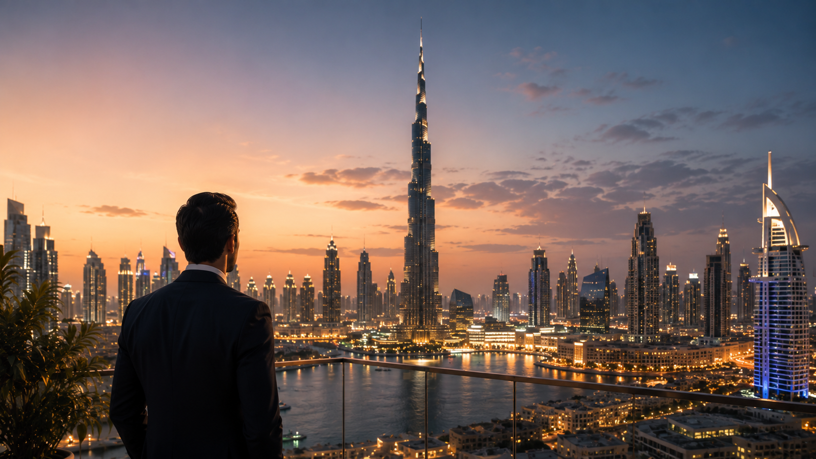 A man overlooks the Dubai skyline and Burj Khalifa at dusk